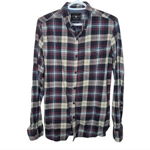 Denim & Flower Flannel Collection Plaid Button Down Blue Red White Mens Slim M